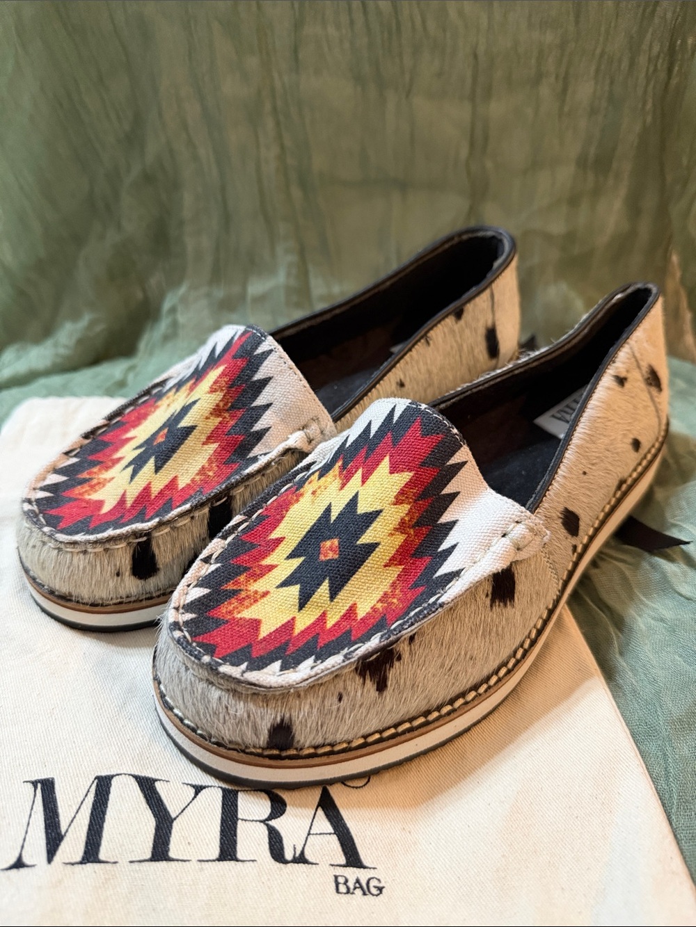 Myra Women’s Beige Haircalf Loafers with Red & Yellow Southwest Print